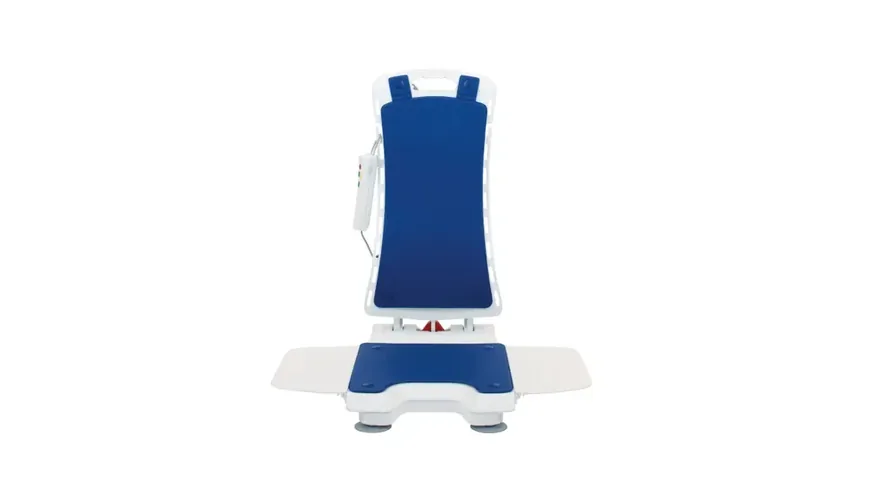 Battery-powered bath lift with reclining backrest, seat lowered to the base of the bath